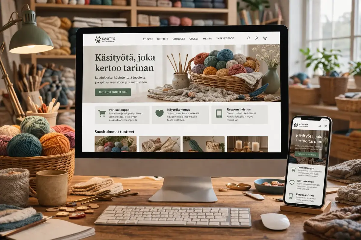 Käsitystudion verkkokaupan ulkoasu suunniteltiin ja toteutettiin käyttäjäystävällisesti ja responsiivisesti